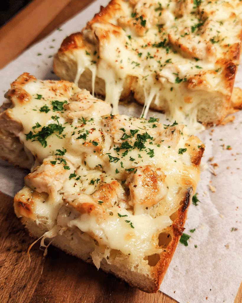 Alfredo chicken pizza toasts baked on French bread with melted mozzarella