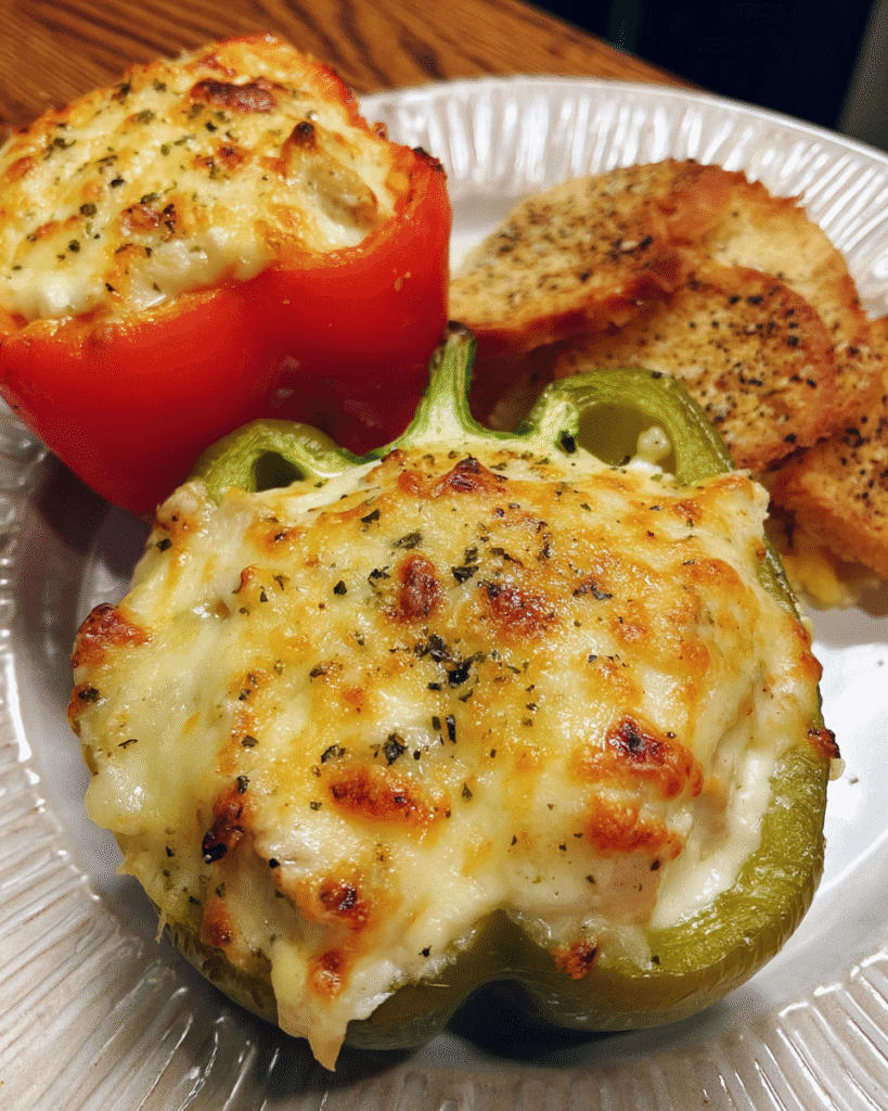 Creamy Alfredo Chicken Stuffed Peppers baked with melted mozzarella