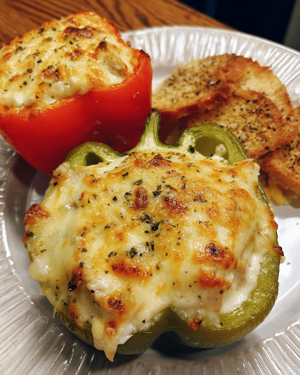 Creamy Alfredo Chicken Stuffed Peppers baked with melted mozzarella