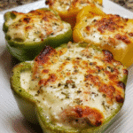 Alfredo Chicken Stuffed Peppers baked with melted mozzarella and Parmesan