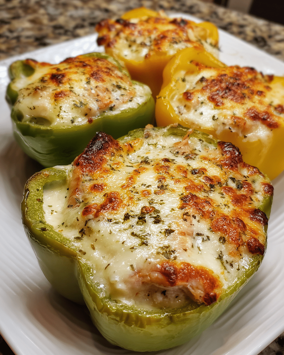 Alfredo Chicken Stuffed Peppers baked with melted mozzarella and Parmesan