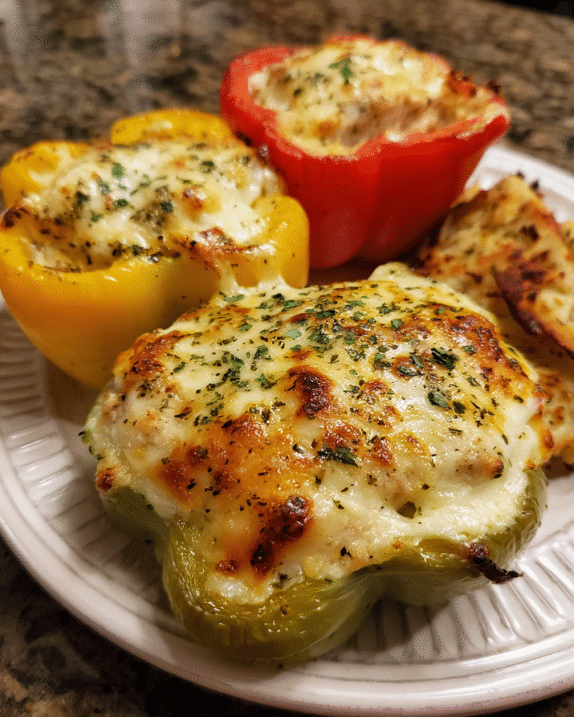 Creamy Alfredo Chicken Stuffed Peppers baked with melted mozzarella
