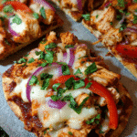 BBQ Chicken Flatbread Bites topped with mozzarella, red onion, and bell pepper