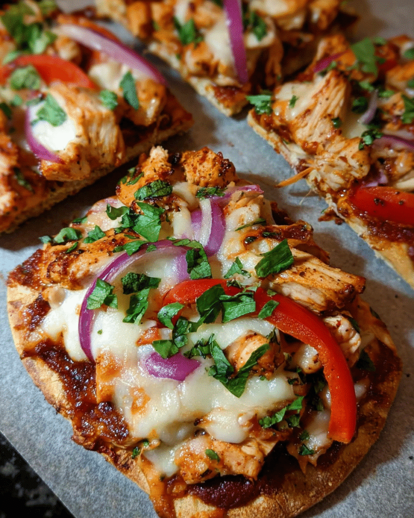 BBQ Chicken Flatbread Bites topped with mozzarella, red onion, and bell pepper