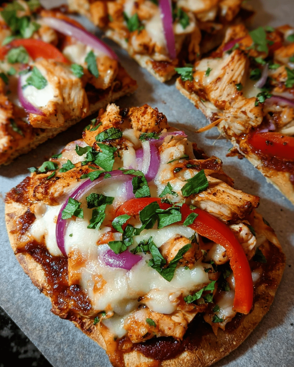 BBQ Chicken Flatbread Bites topped with mozzarella, red onion, and bell pepper