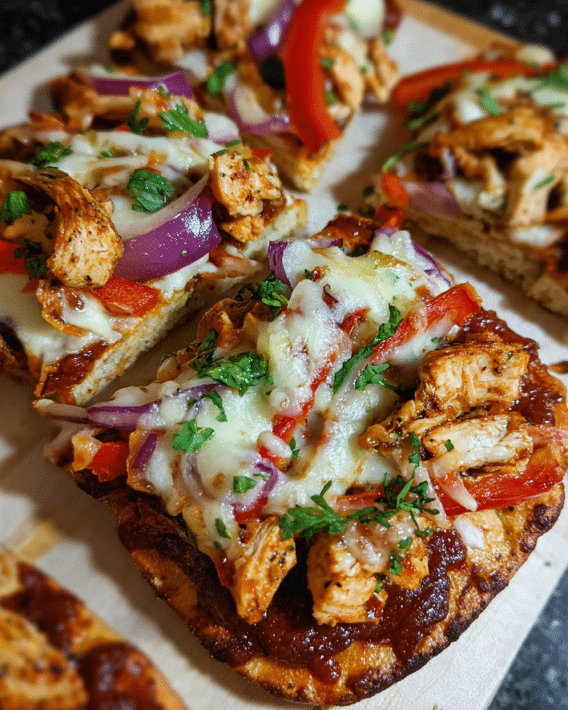 BBQ Chicken Flatbread Bites topped with mozzarella, red onion, and bell pepper