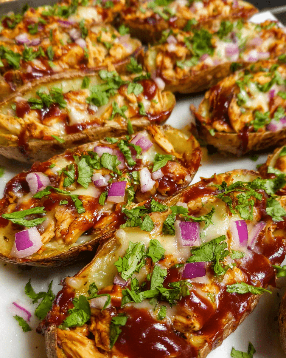 Crispy BBQ Chicken Potato Skins topped with melted mozzarella, diced chicken, red onion, and fresh cilantro