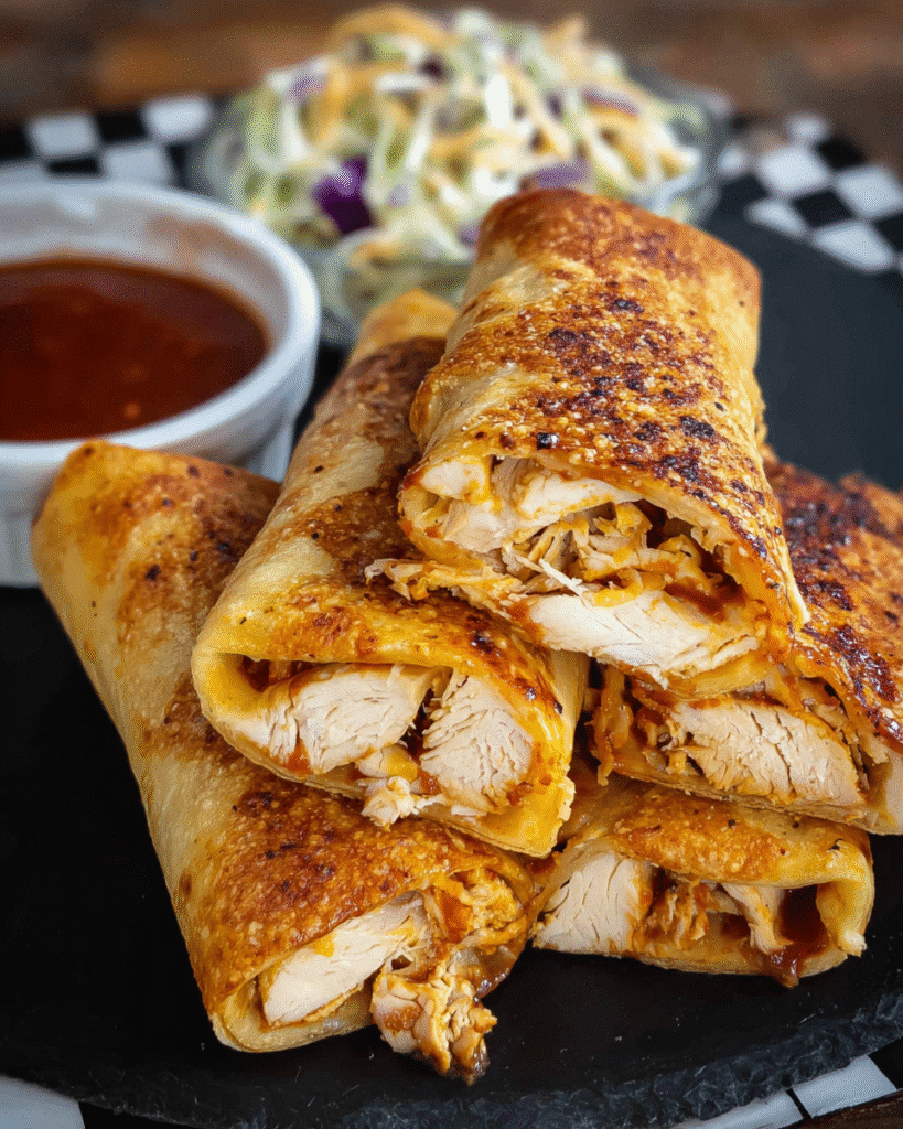 Crispy BBQ chicken wrap with coleslaw and melted cheese