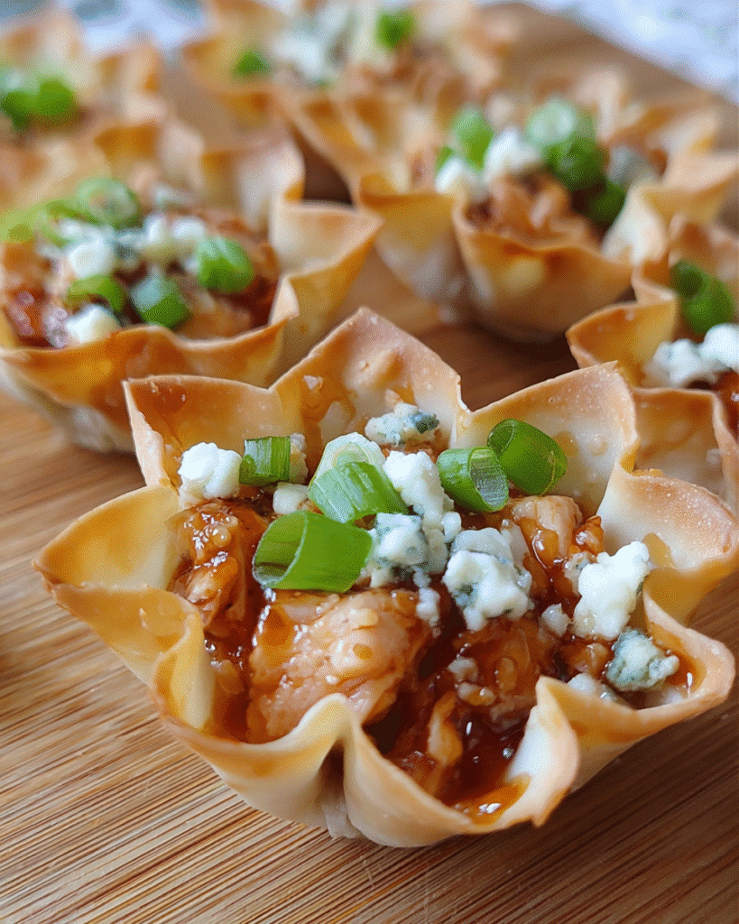 BBQ Chicken Wonton Cups baked golden in a mini muffin pan