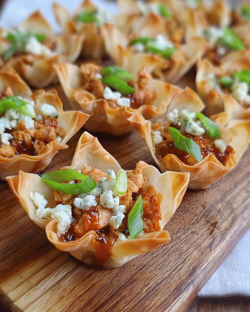 BBQ Chicken Wonton Cups baked golden in a mini muffin pan