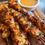 Bang Bang Chicken Skewers brushed with sweet chili sauce on a serving platter