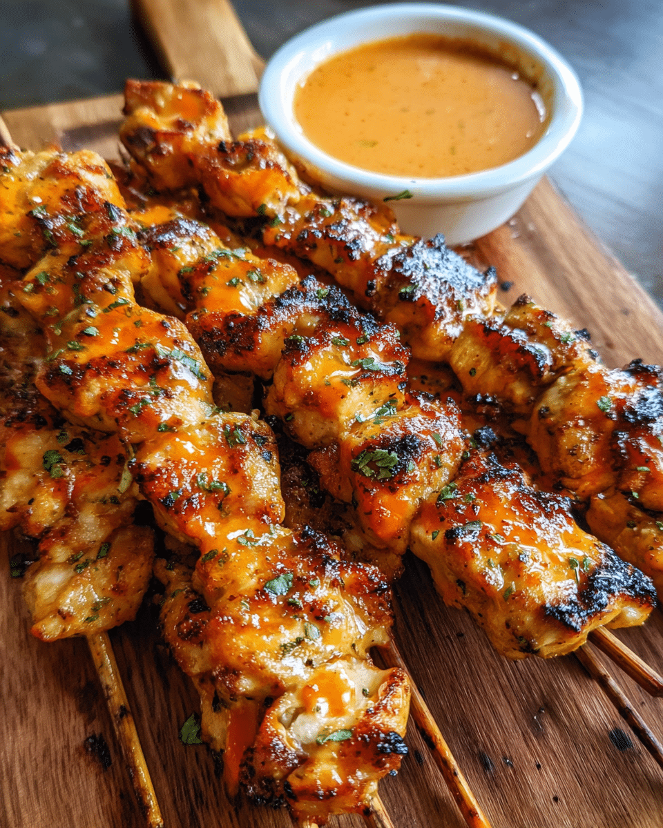 Bang Bang Chicken Skewers brushed with sweet chili sauce on a serving platter