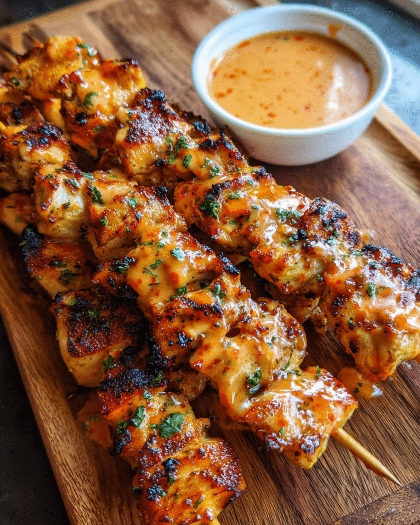 Bang Bang Chicken Skewers brushed with sweet chili sauce on a serving platter