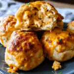 Golden baked buffalo chicken biscuit bombs with melted cheese inside
