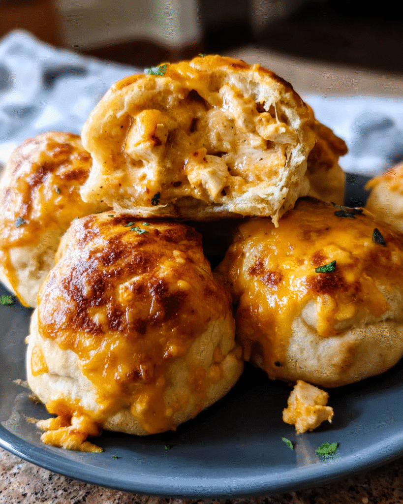 Golden baked buffalo chicken biscuit bombs with melted cheese inside
