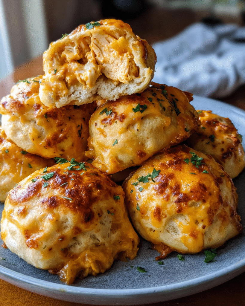 Golden baked buffalo chicken biscuit bombs with melted cheese inside