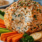 Buffalo Chicken Cheese Balls coated in crackers and almonds on serving platter