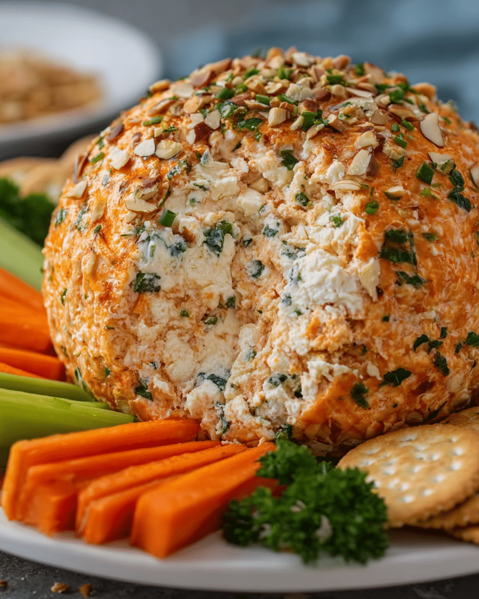 Buffalo Chicken Cheese Balls coated in crackers and almonds on serving platter