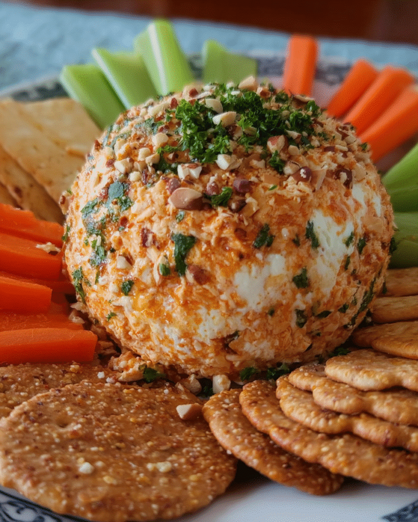 Buffalo Chicken Cheese Balls coated in crackers and almonds on serving platter