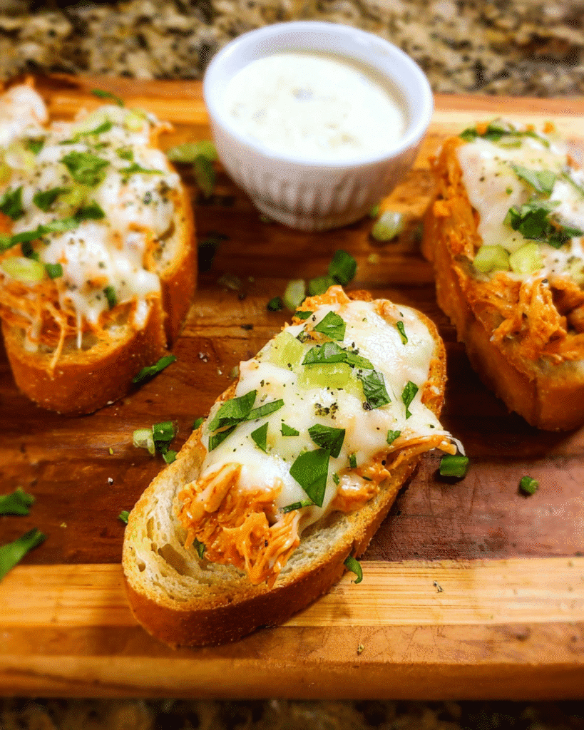 Buffalo Chicken Crostini topped with melted mozzarella and ranch drizzle