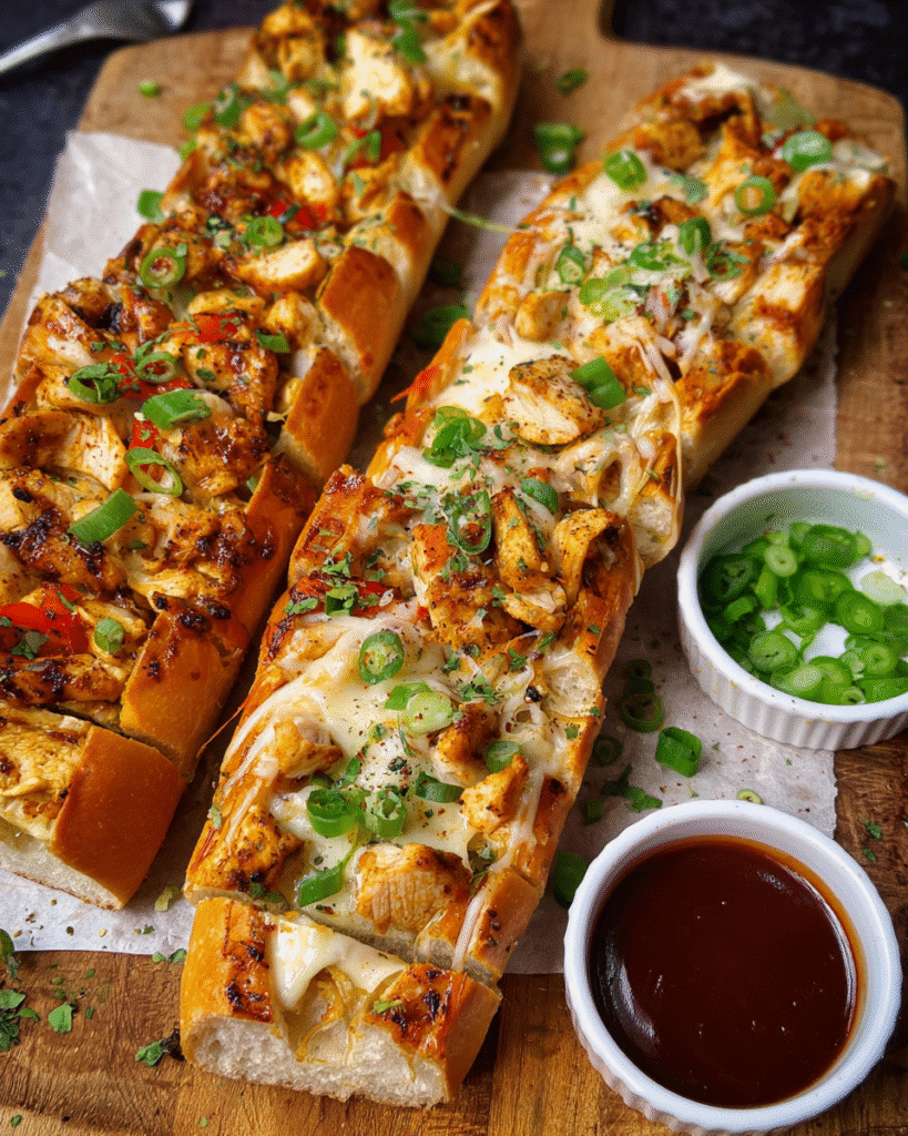 Buffalo chicken garlic bread sliced and topped with jalapeños and green onions
