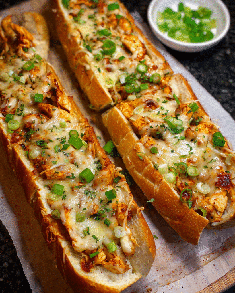Buffalo chicken garlic bread sliced and topped with jalapeños and green onions