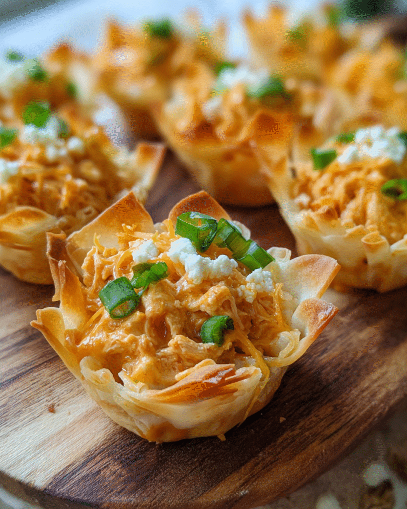 Buffalo Chicken Phyllo Cups baked until golden and filled with creamy spicy chicken