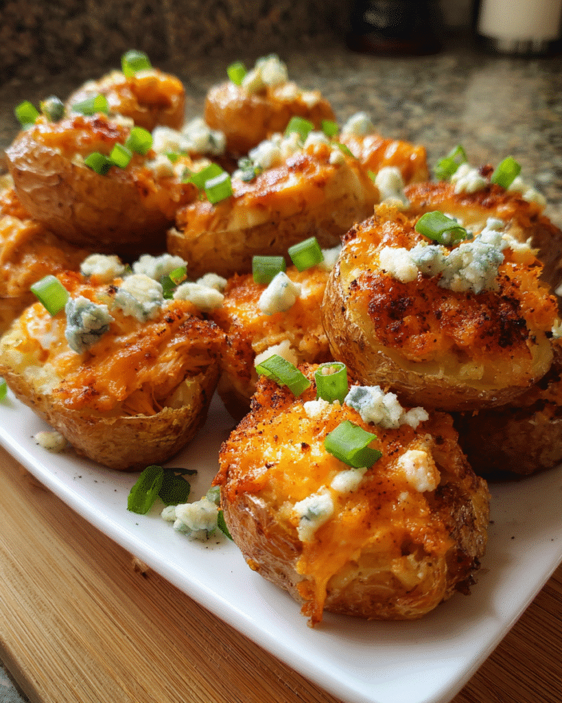 Buffalo Chicken Potato Bites topped with melted cheese and green onions