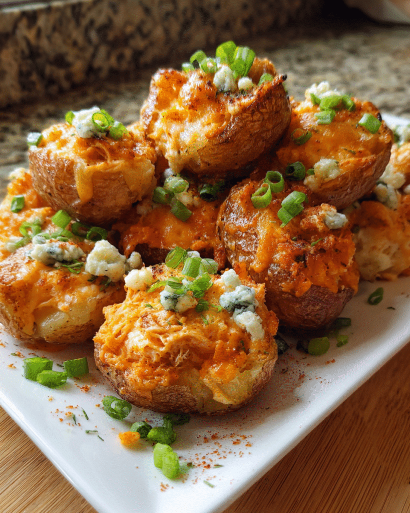 Buffalo Chicken Potato Bites topped with melted cheese and green onions