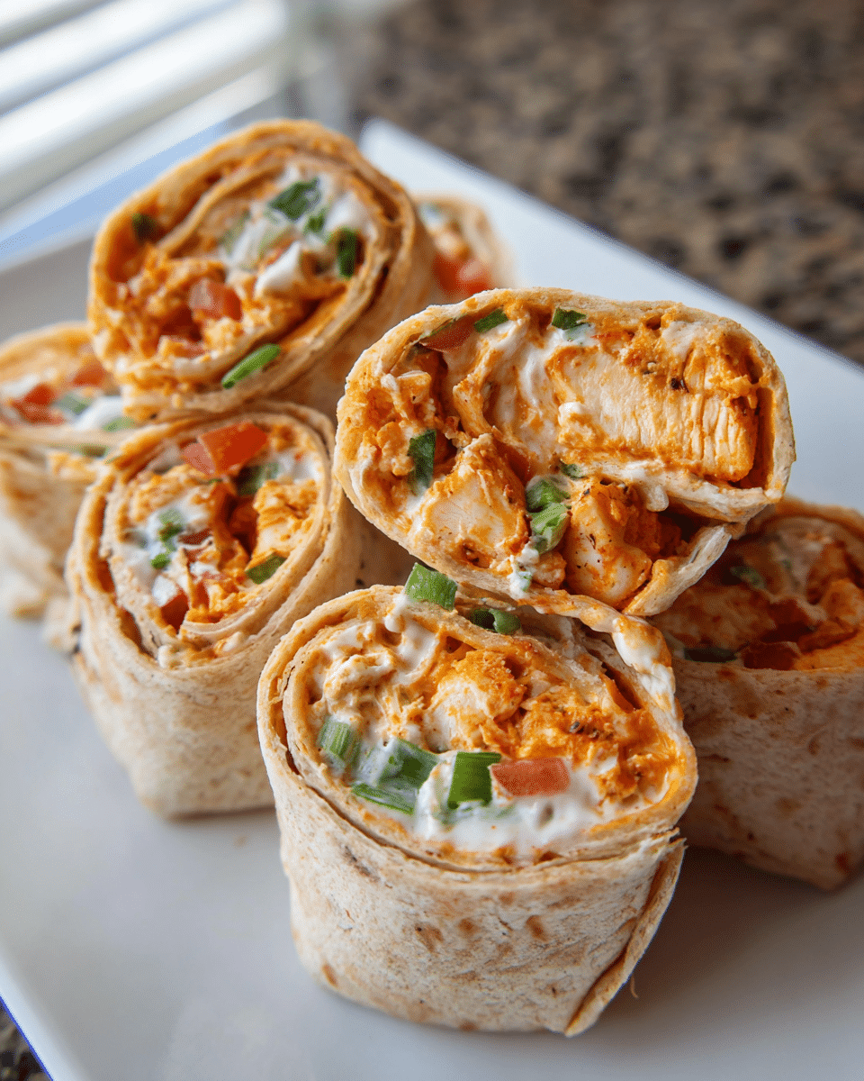 Buffalo Chicken Ranch Roll-ups sliced into pinwheels on a serving platter