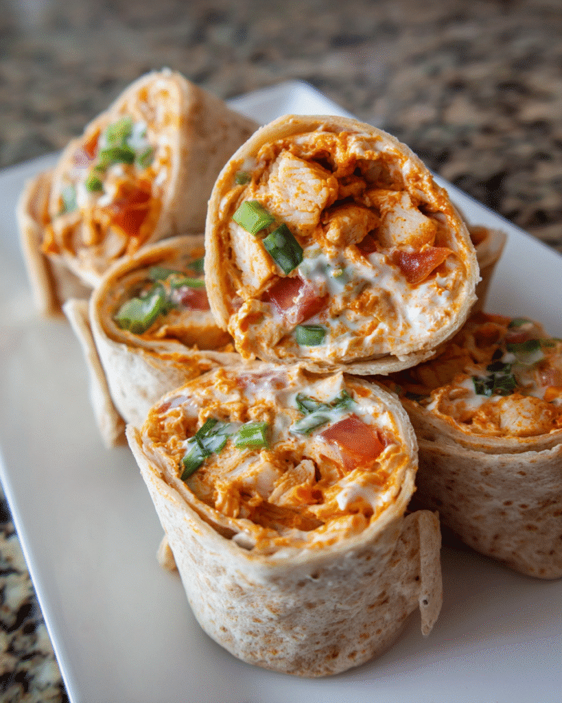 Buffalo Chicken Ranch Roll-ups sliced into pinwheels on a serving platter