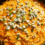 Buffalo Chicken Ranch Skillet Dip baked in cast iron skillet