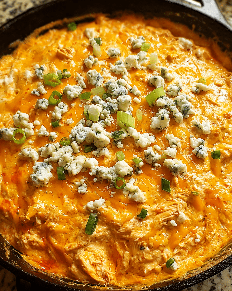 Buffalo Chicken Ranch Skillet Dip baked in cast iron skillet