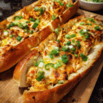 Buffalo chicken stuffed garlic bread sliced with melted cheddar and jalapeños