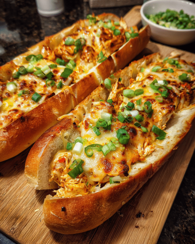 Buffalo chicken stuffed garlic bread sliced with melted cheddar and jalapeños