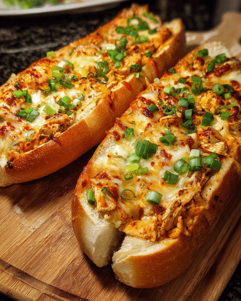 Buffalo chicken stuffed garlic bread sliced with melted cheddar and jalapeños