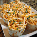 Buffalo Chicken Tortilla Pinwheels sliced and arranged on a serving platter