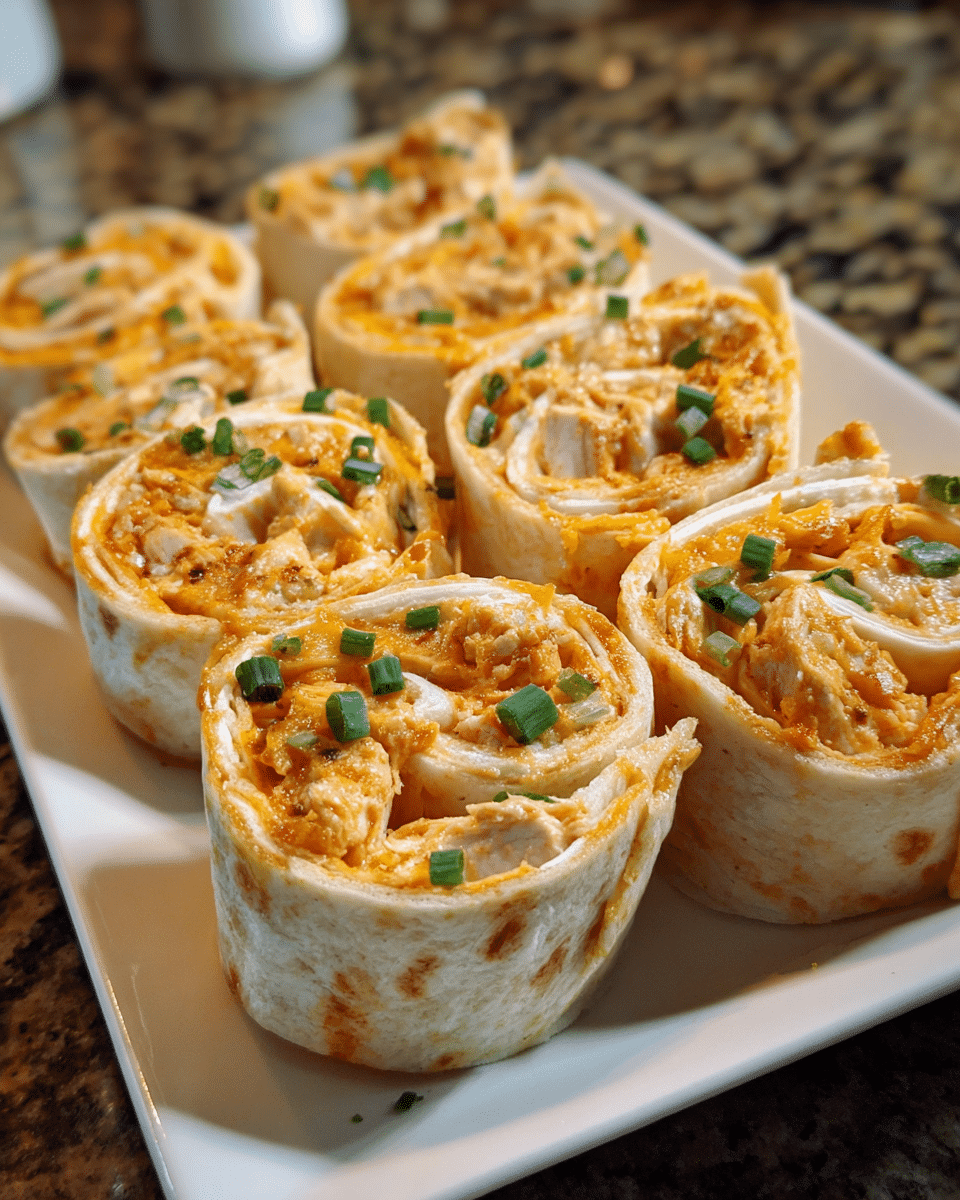Buffalo Chicken Tortilla Pinwheels sliced and arranged on a serving platter
