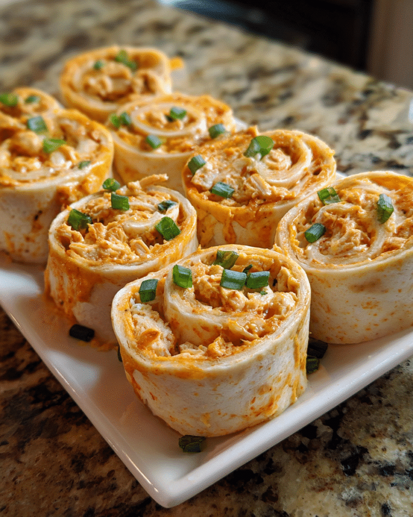 Buffalo Chicken Tortilla Pinwheels sliced and arranged on a serving platter