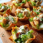 Caesar Salad Wonton Cups filled with chicken and romaine