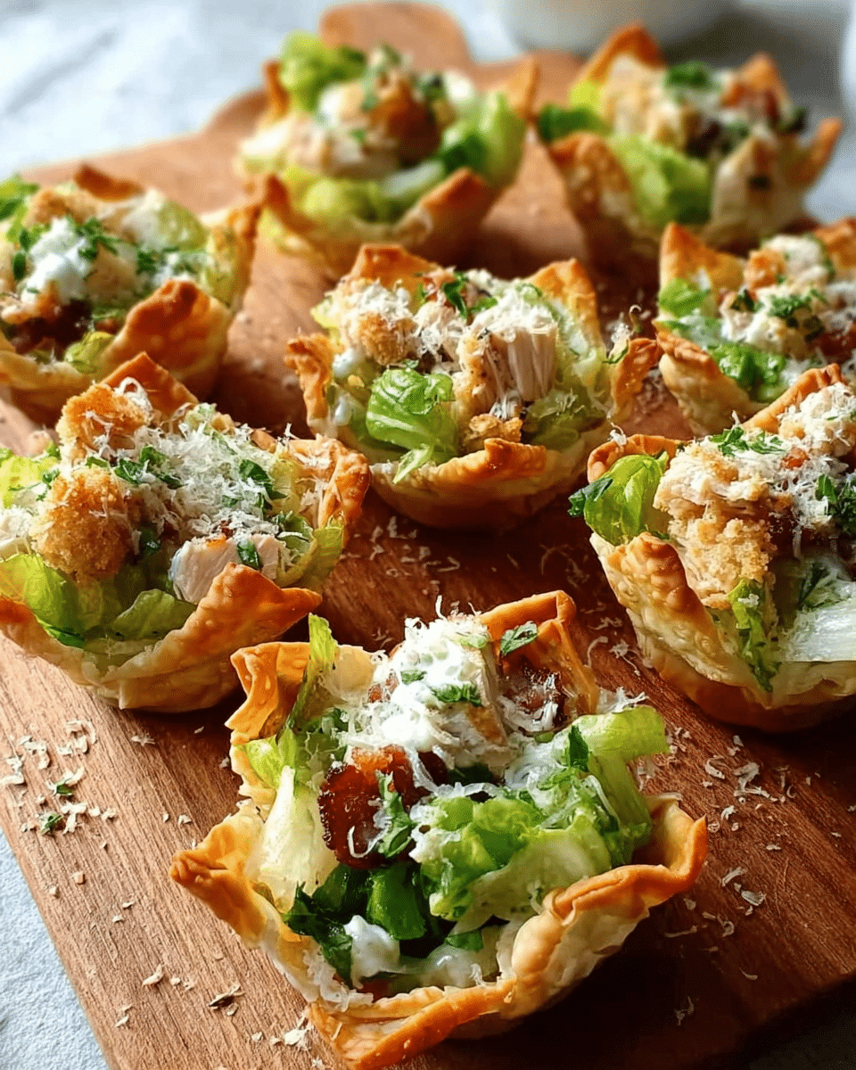 Caesar Salad Wonton Cups filled with chicken and romaine