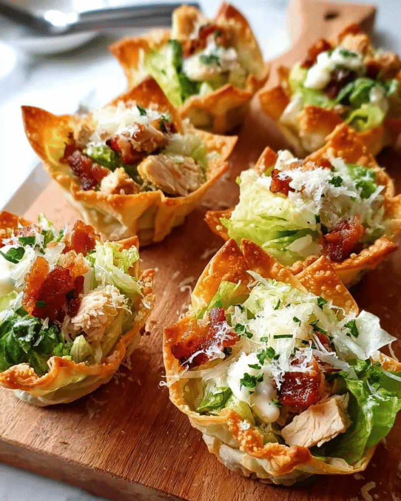 Caesar Salad Wonton Cups filled with chicken and romaine