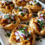 Golden Cheesy BBQ Chicken Bites topped with red onion and cilantro