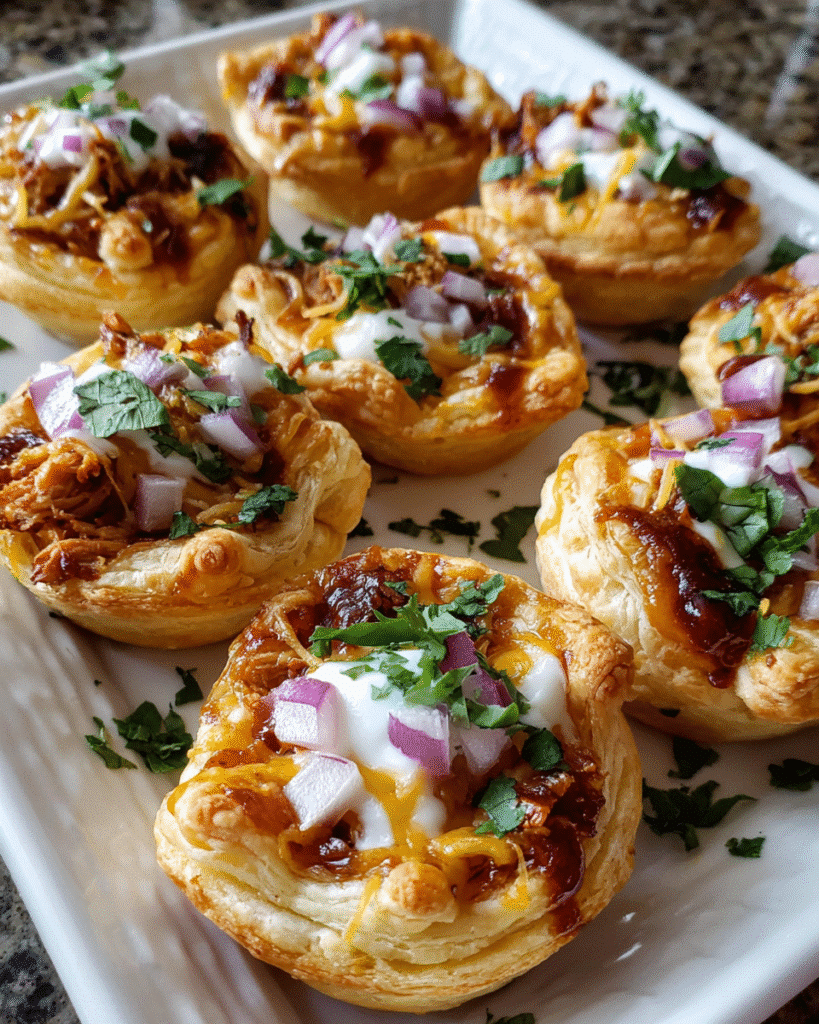 Golden Cheesy BBQ Chicken Bites topped with red onion and cilantro