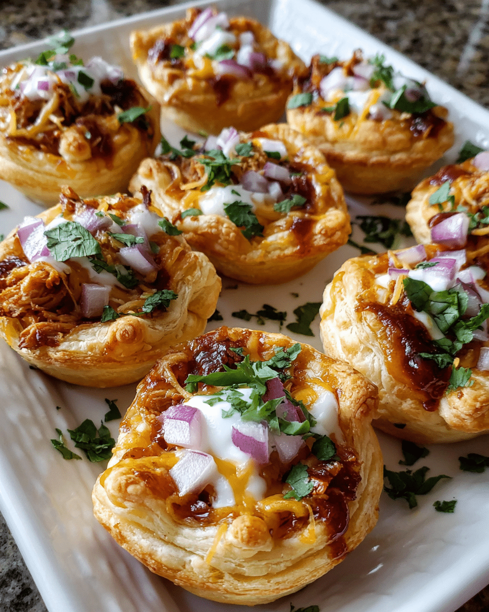 Golden Cheesy BBQ Chicken Bites topped with red onion and cilantro