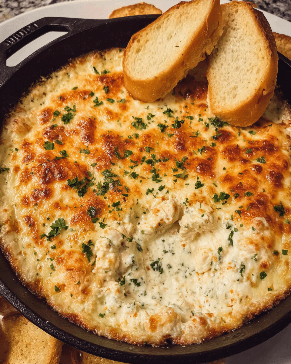 Baked cheesy chicken Alfredo dip topped with golden melted mozzarella