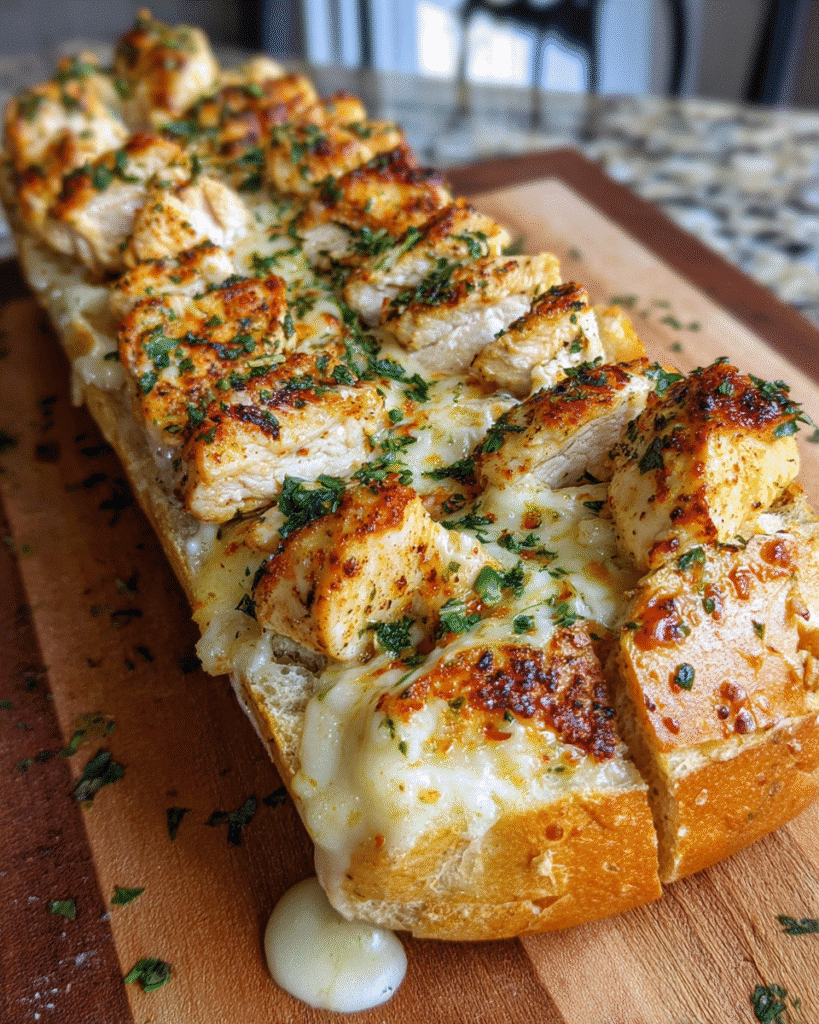 Cheesy Chicken Alfredo Garlic Bread with melted cheese