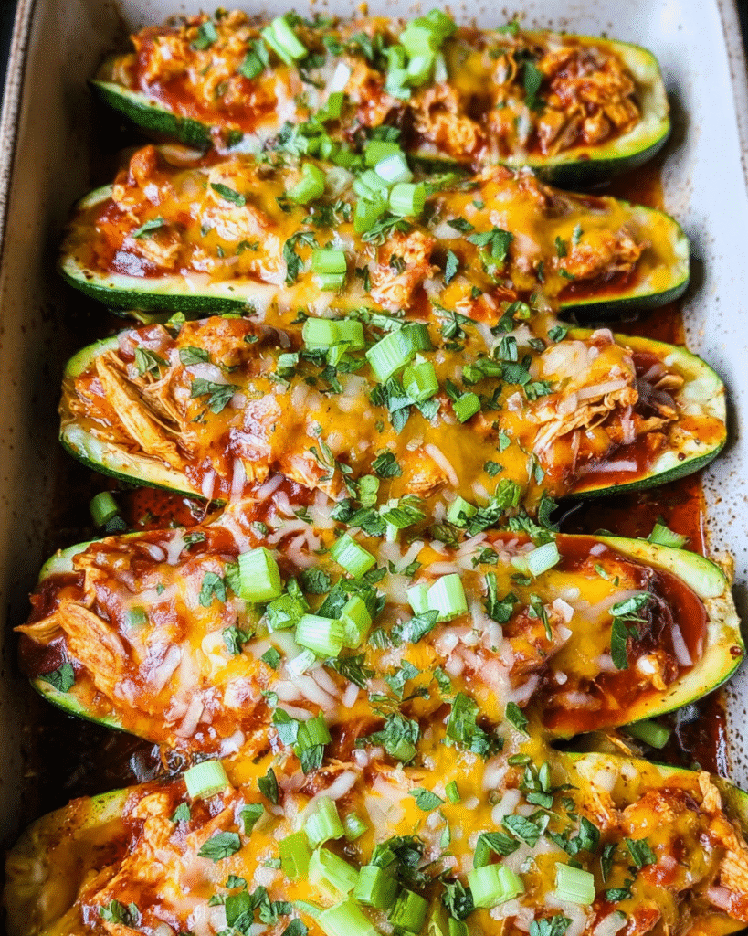 Cheesy Chicken Enchilada Boats baked with melted cheddar and fresh cilantro