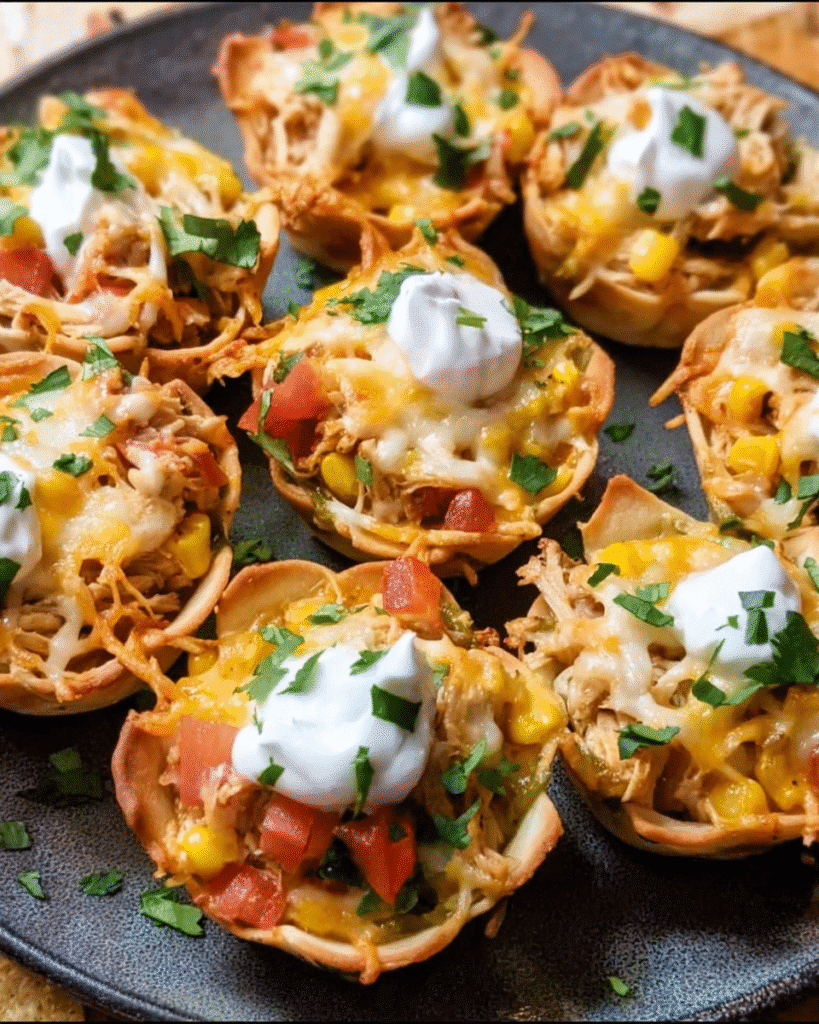 Golden cheesy chicken enchilada cups baked in a muffin tin
