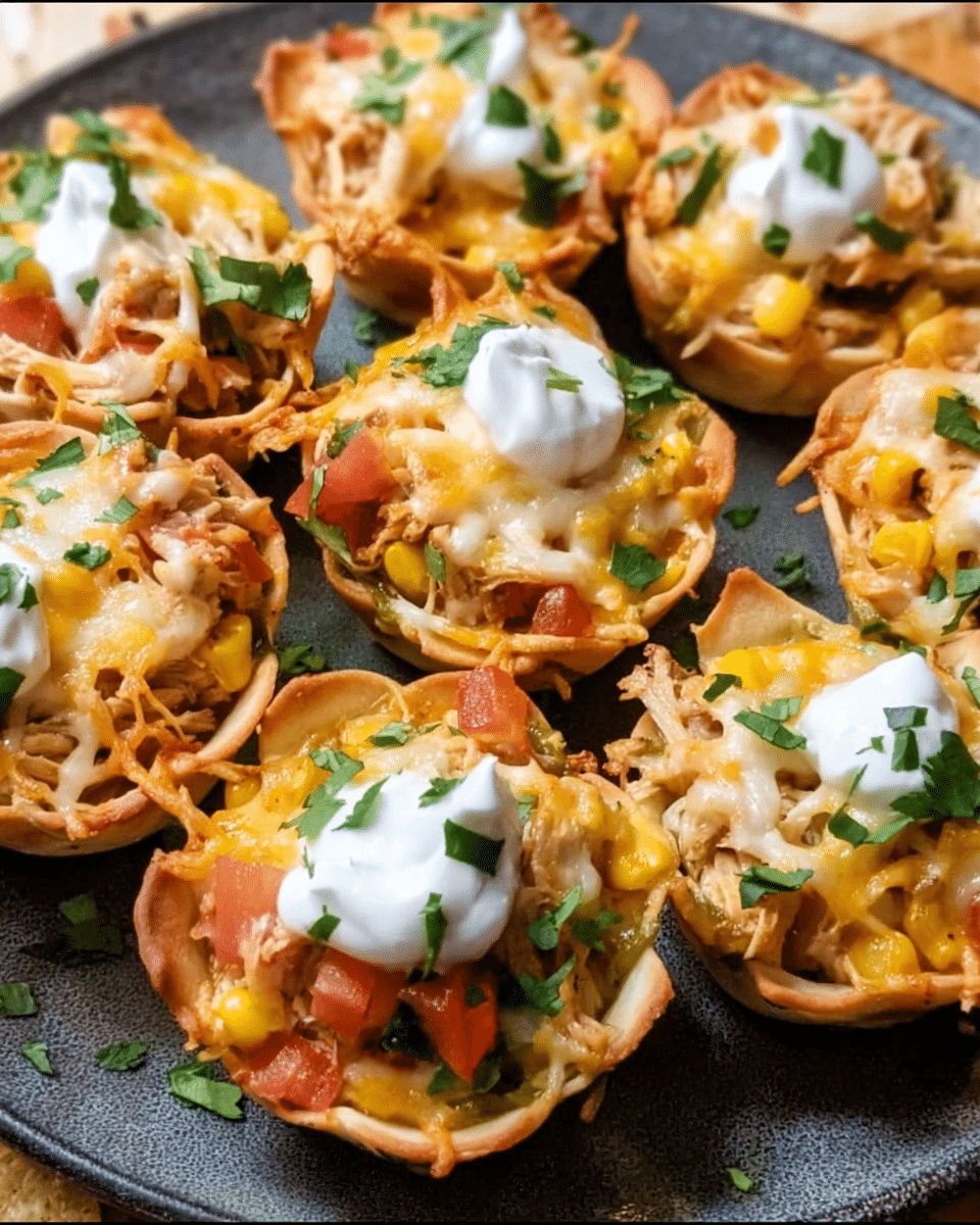Golden cheesy chicken enchilada cups baked in a muffin tin